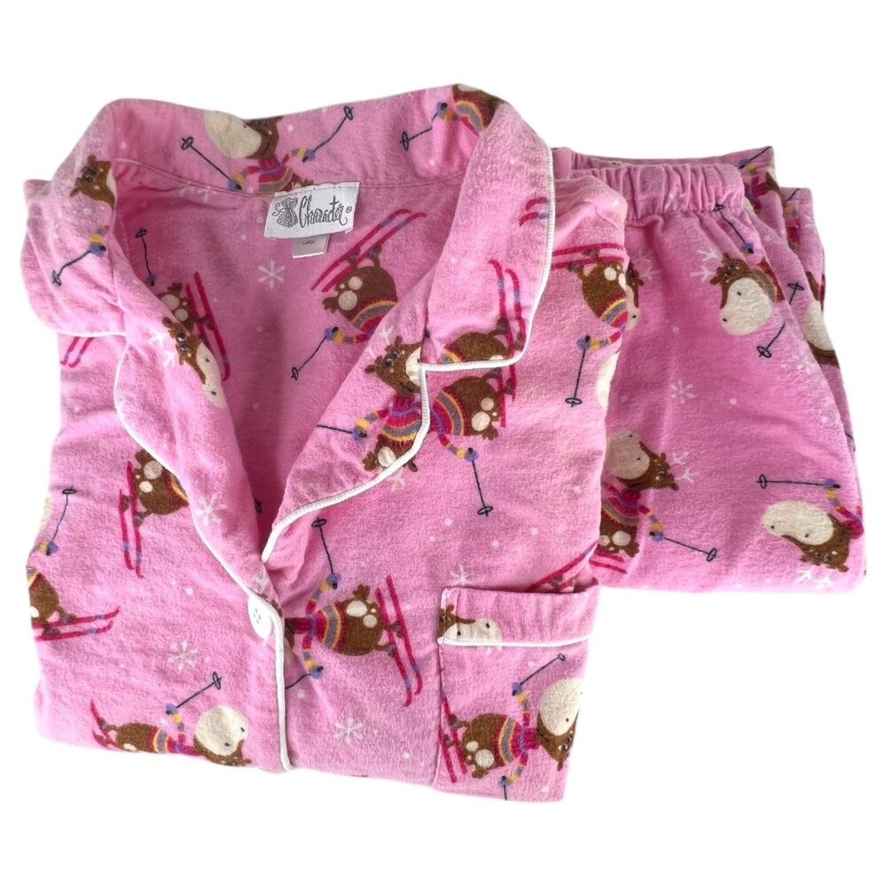 Womens Pink Skiing Moose Pajama Set Cotton Flannel By Character Size Large